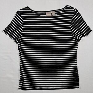 Chicos‎ Black & White Stripe Round Neck Short Sleeve T Shirt Top Size 1 Cotton